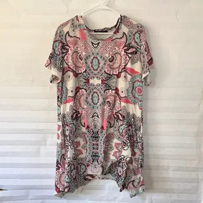 Paisley pattern dress size XXL, pink teal white boho casual flowy summer outfit