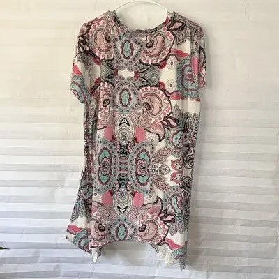 Paisley pattern dress size XXL Boho short-sleeved tunic with asymmetrical hem for summer