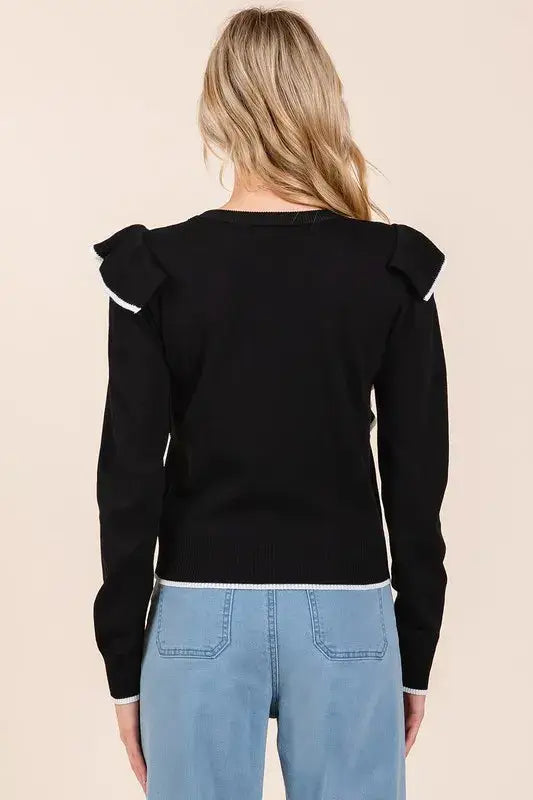 Mittoshop Contrast Trim Ruffled Round Neck Knit Top