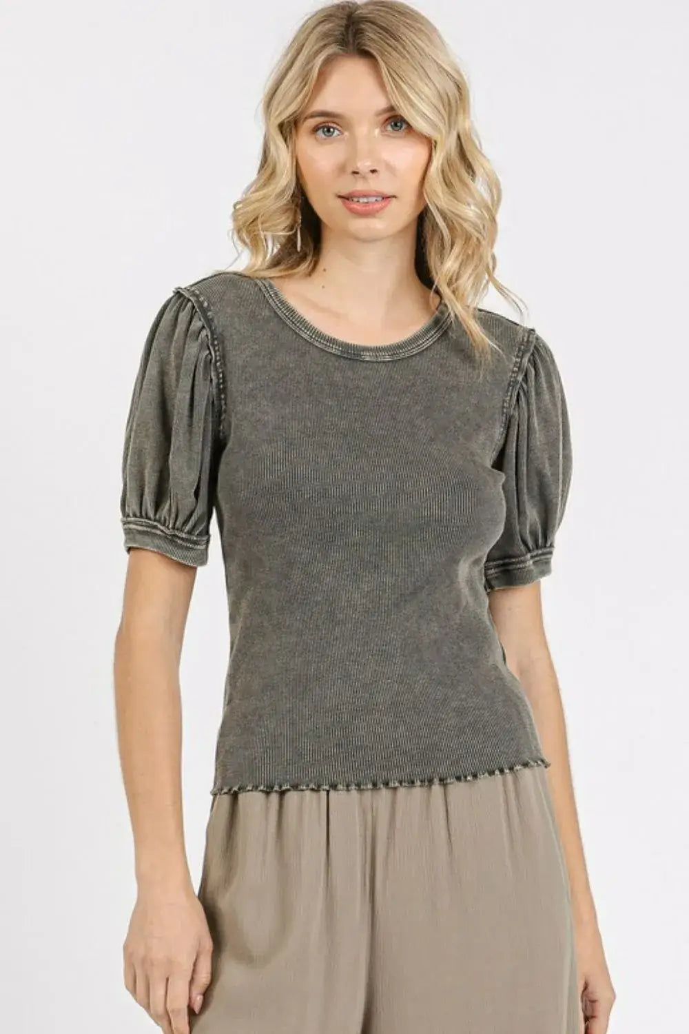 Olive green mineral wash puff sleeve rib knit blouse with decorative stitching