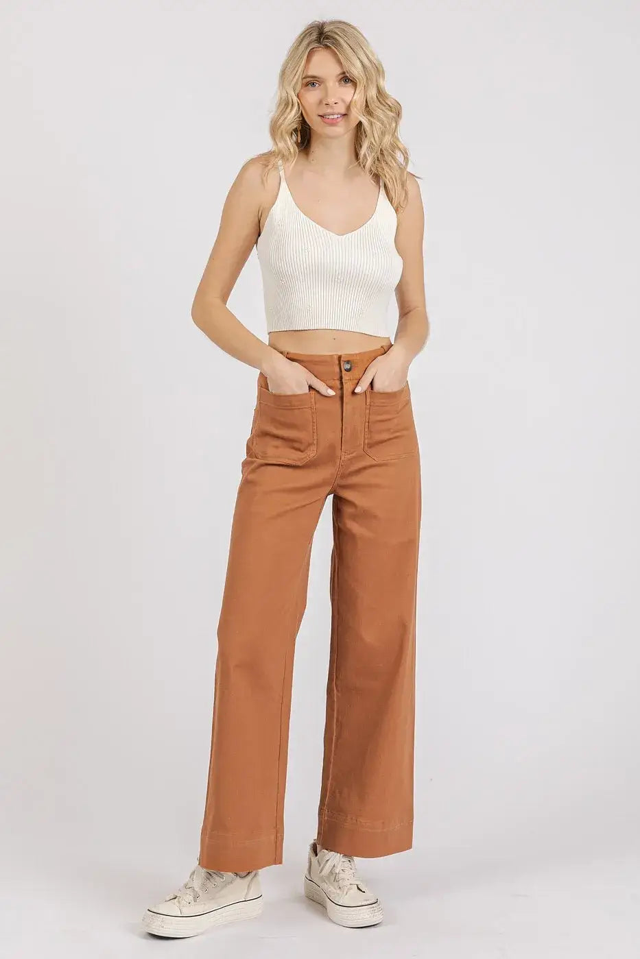Brown wide leg pants with button fly and pockets from Mittoshop Twill collection