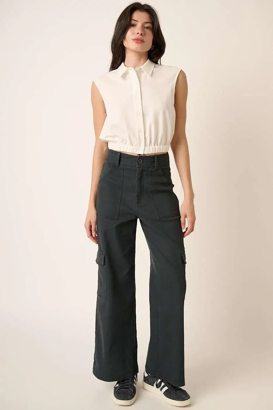Mittoshop Wide Leg High Waist Pants with Cargo Pockets - Pants with Cargo Pockets