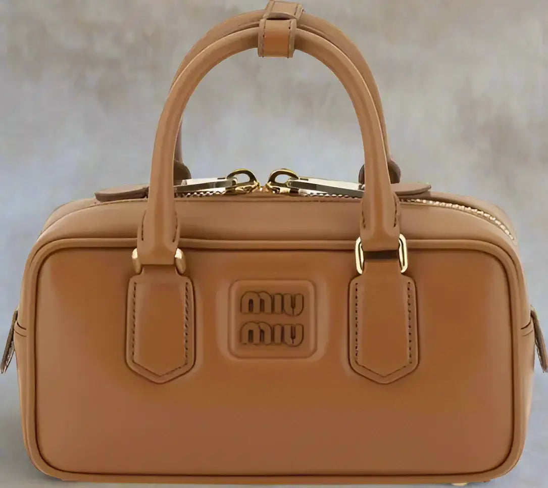 Brown leather Miu Miu Arcadie handbag with gold hardware, luxury women’s designer bag