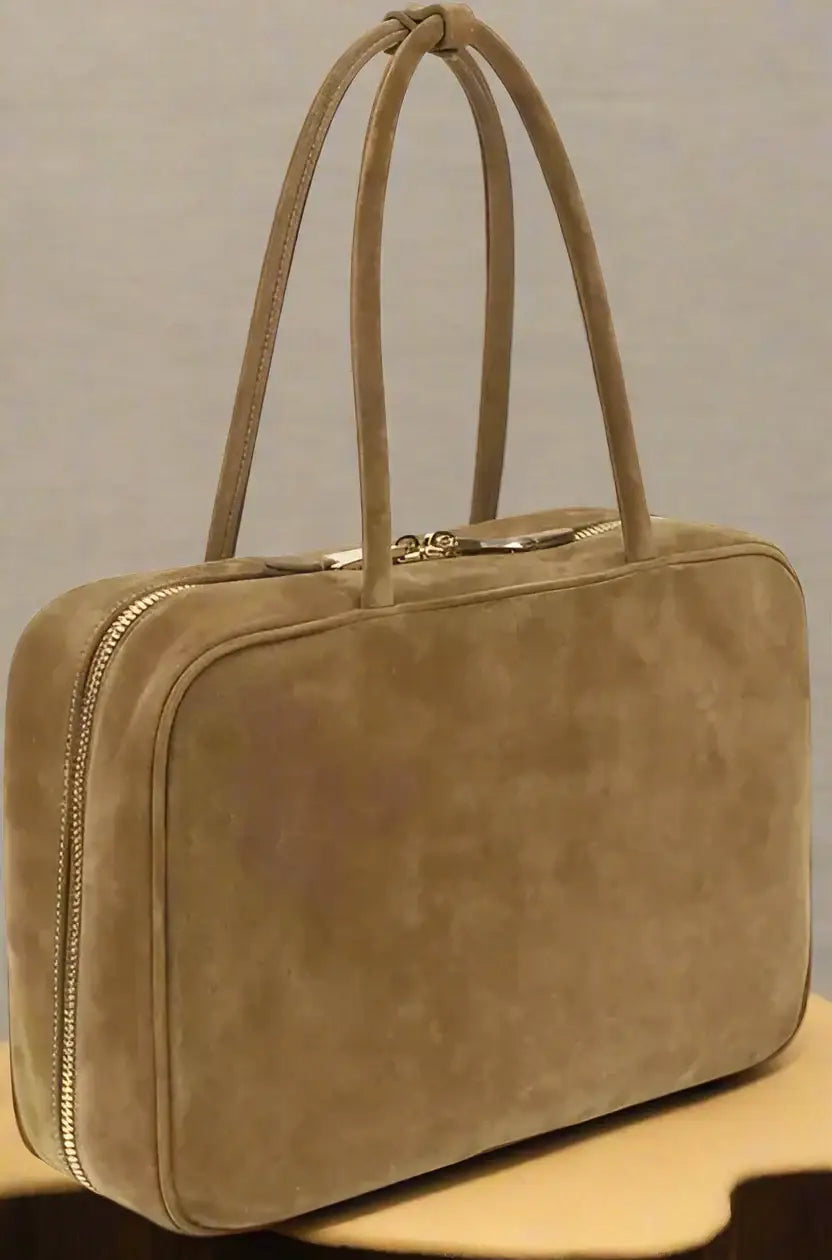 Miu Miu gold brown suede handbag with two top handles and gold zippers