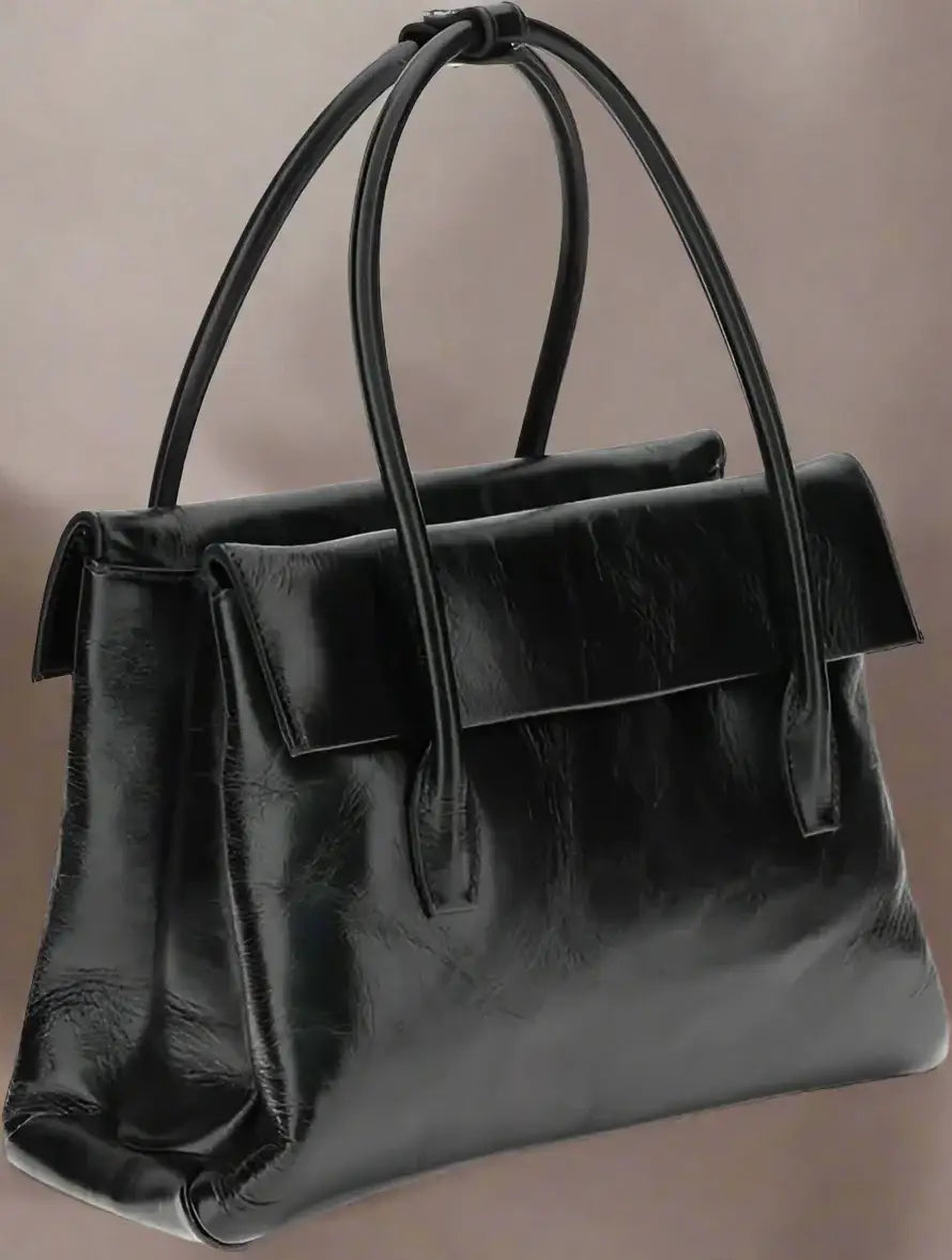 Shiny black leather solitaire handbag with top handles and fold-over flap for Miu Miu Womens Black collection