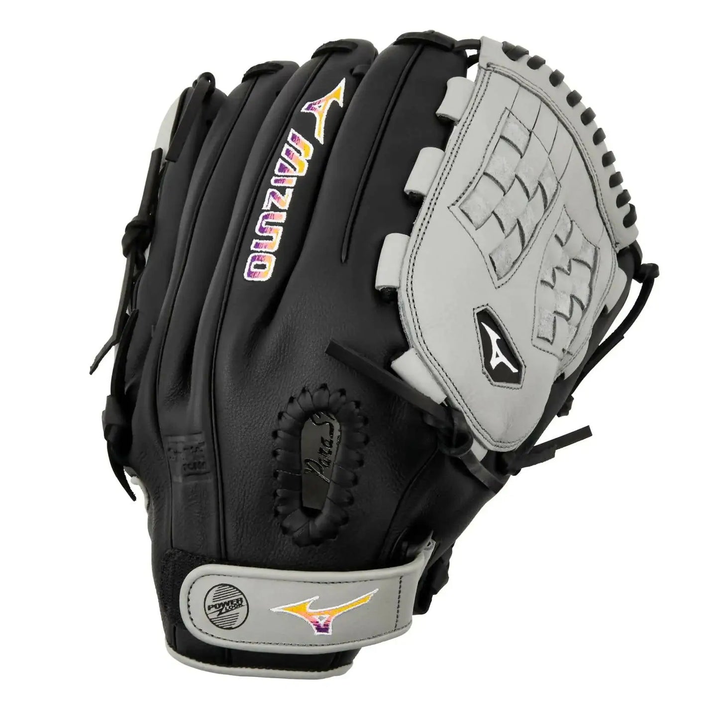 Black and gray Mizuno Franchise FP 12.50-inch fastpitch glove with center pocket design