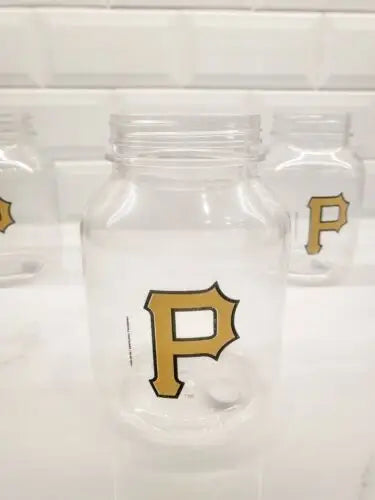 Clear plastic jars with gold P logo, perfect for Vintage Pittsburgh Pirates collectors