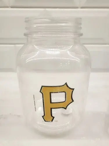 Clear plastic jar with a gold P design from Vintage Pittsburgh Pirates collection