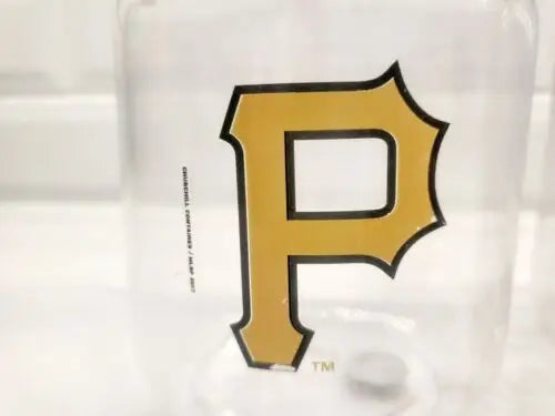 Clear plastic container featuring vintage Pittsburgh Pirates gold and black ’P’ logo