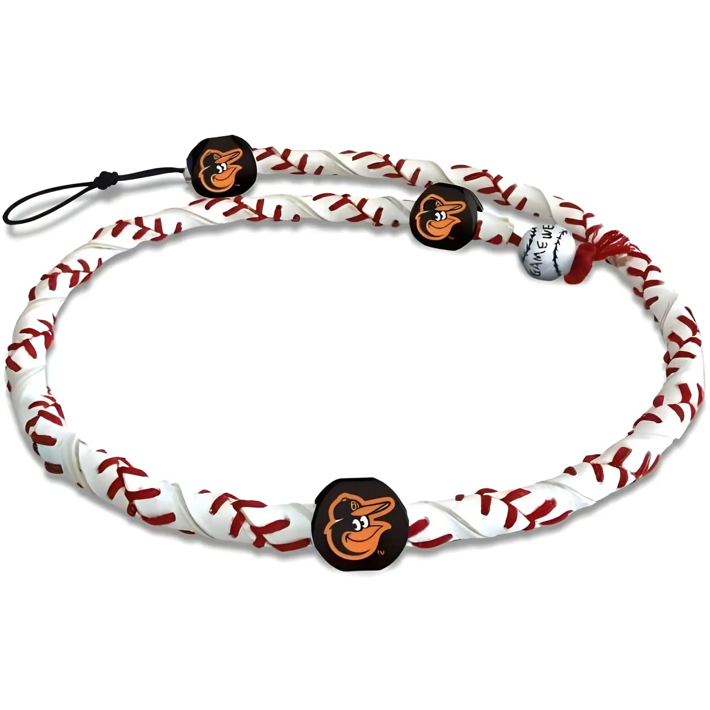 Baseball-themed frozen rope necklace featuring Baltimore Orioles logos and stitching