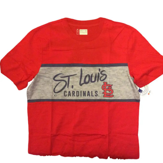 Red St. Louis Cardinals baseball t-shirt with gray panel for MLB trading cards fans