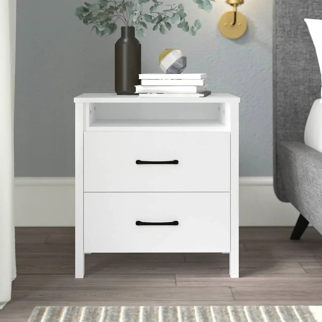 Modern 2-Drawer Bedside Table Nightstand in White Wood Finish - Nightstand