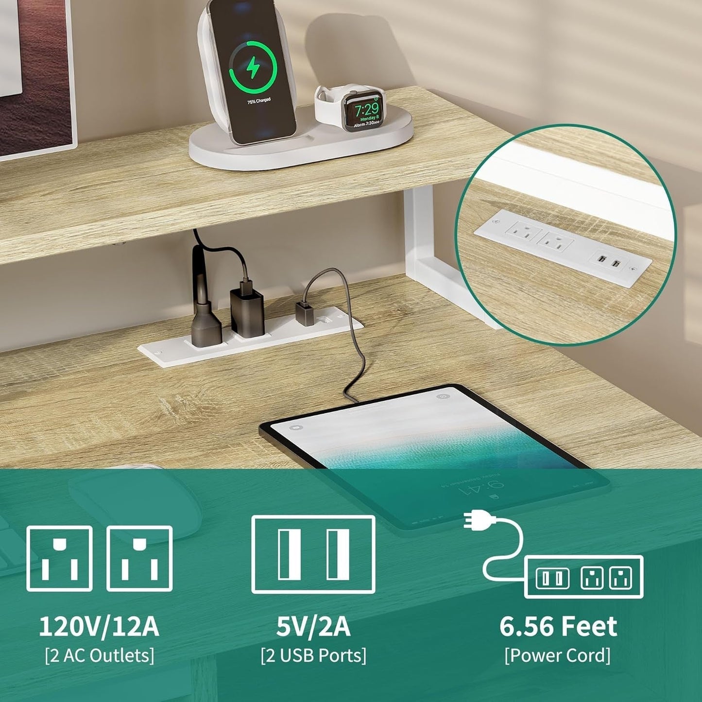 Modern Computer Desk with Drawers Power Outlets LED Light-4