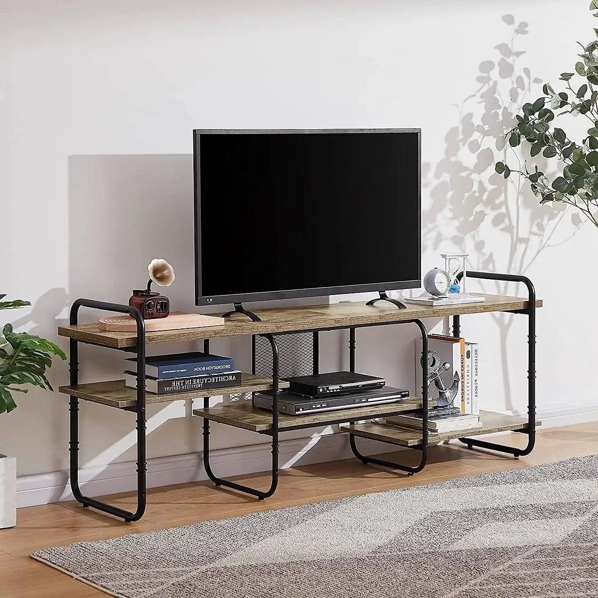 Modern Grey Wood Black Metal Entertainment Center TV Stand for TV up to 75-inch - TV Stands and Entertainment Centers