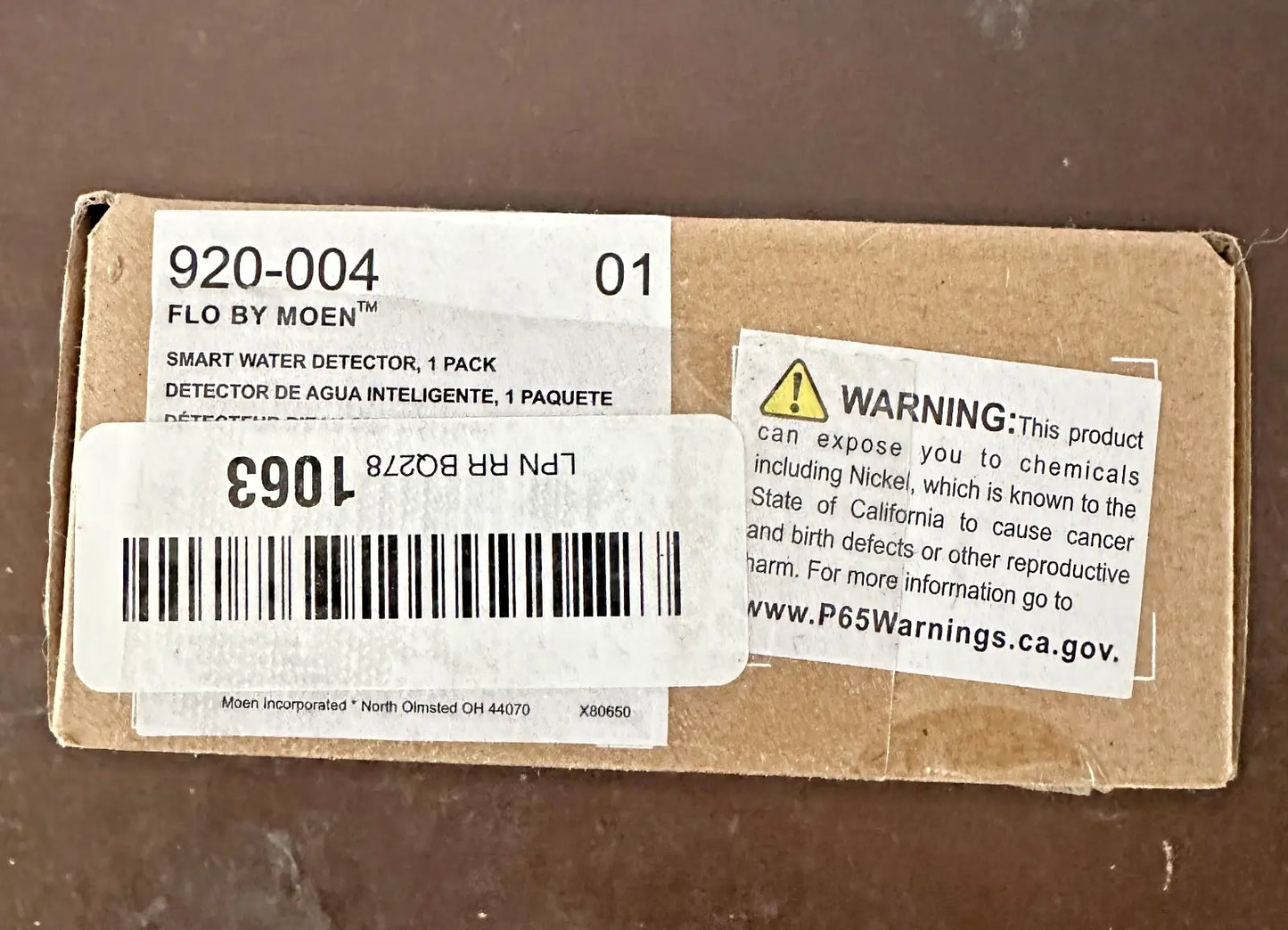 Cardboard box for Moen Flo Smart Water Leak Detector Wi-Fi enabled sensor