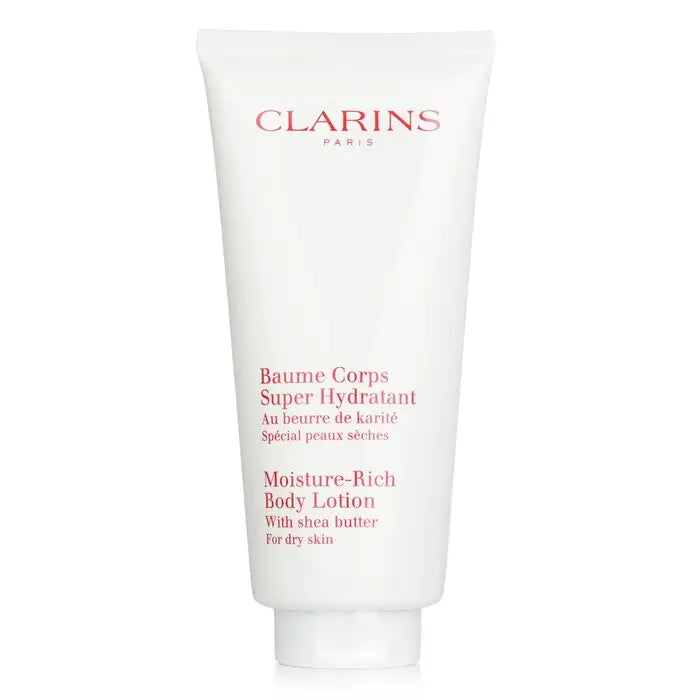 White tube of Clarins Moisture Rich Body Lotion with Shea Butter for dry skin