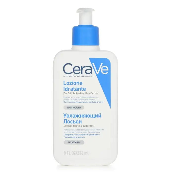 White CeraVe moisturizing lotion with blue pump cap for dry skin and skin’s natural barrier
