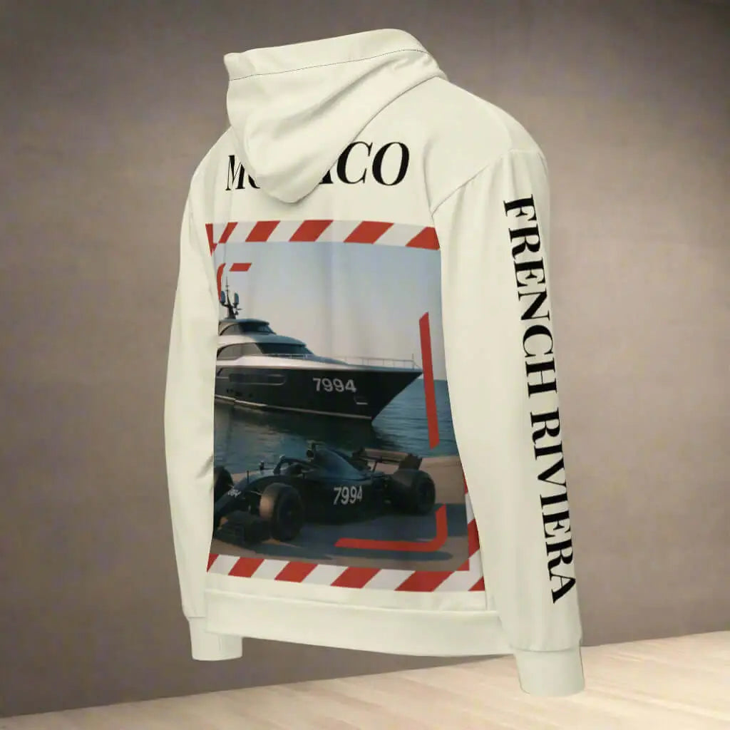 White Monaco hoodie with yacht, race car graphic, French Riviera style, Monaco flag