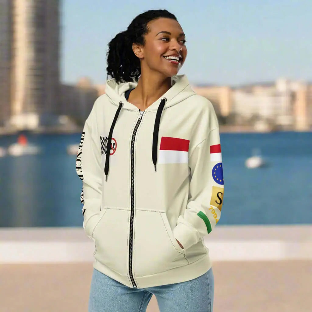 Cream-colored monaco hoodie with french riviera and monaco flag patches on sleeves