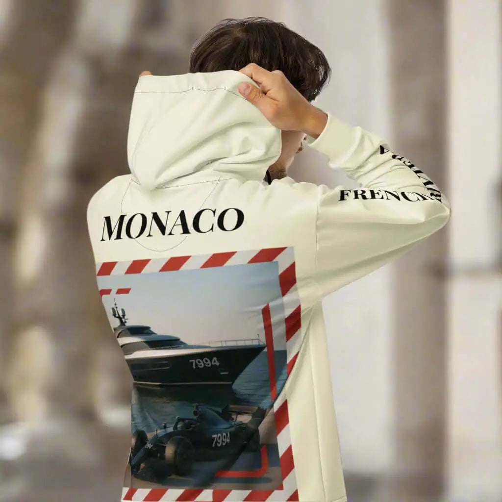 White Monaco hoodie with French Riviera graphic and Monaco flag print for stylish comfort