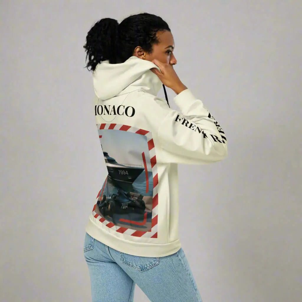Cream-colored Monaco hoodie with race car graphic print, French Riviera style, Monaco flag