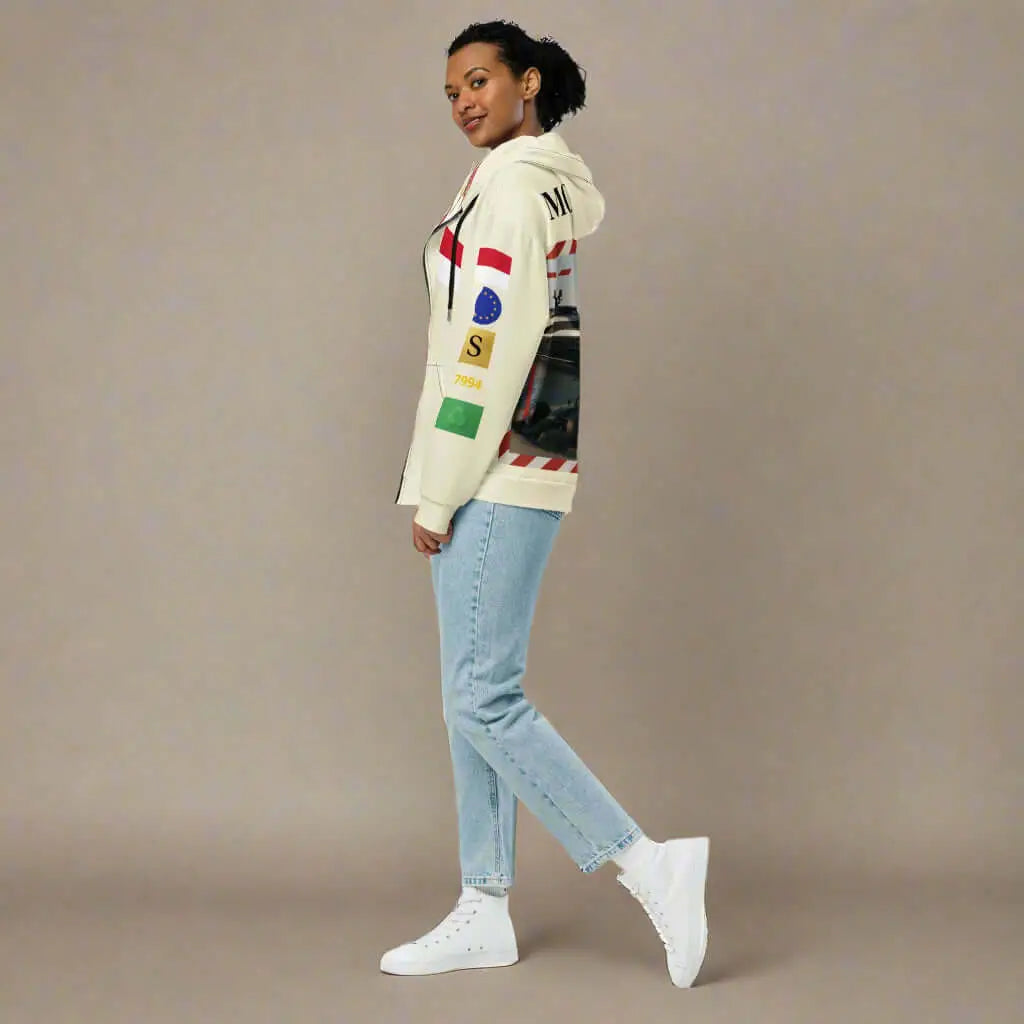 Women’s cream graphic print hoodie featuring monaco flag and French Riviera design