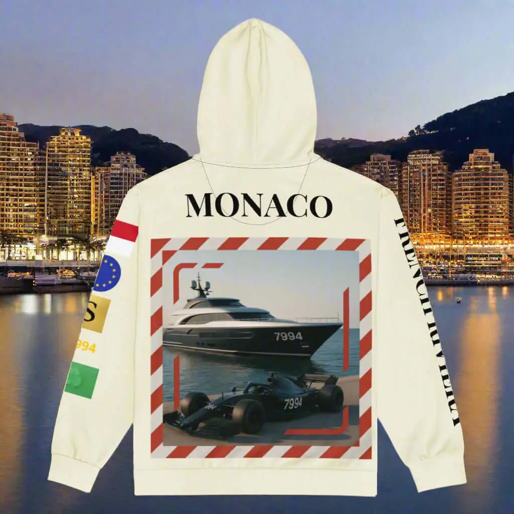 Cream-colored Monaco hoodie with yacht and race car graphic, French Riviera style, Monaco flag