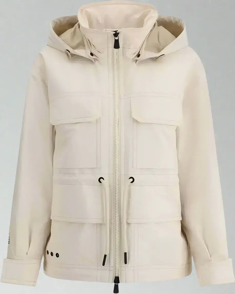 Light-beige MONCLER Grenoble Nimba Jacket with hood, pockets, and drawstring waist