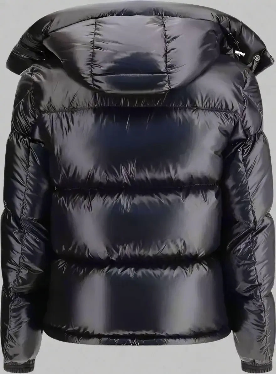 Shiny black laqué nylon MONCLER Midnight Blue Montbeliard Down Jacket with hood