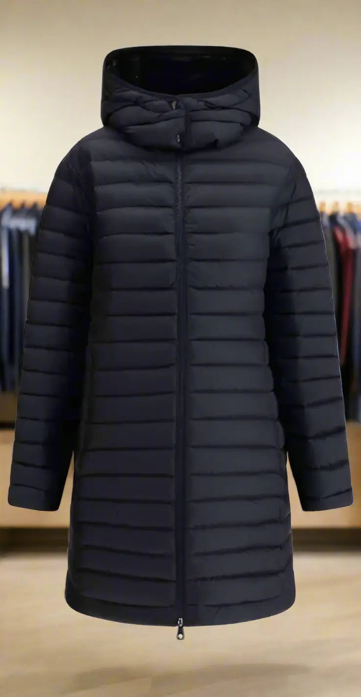 Dark blue Moncler Womens IGELONG Down Jacket with iconic logo patch and front zipper