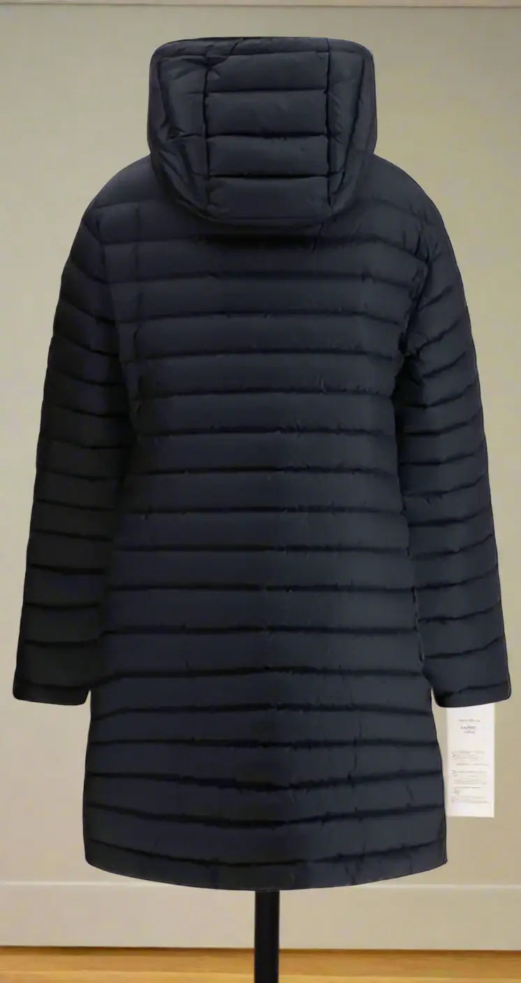 Dark blue quilted Moncler womens IGELONG down jacket with iconic logo patch and hood