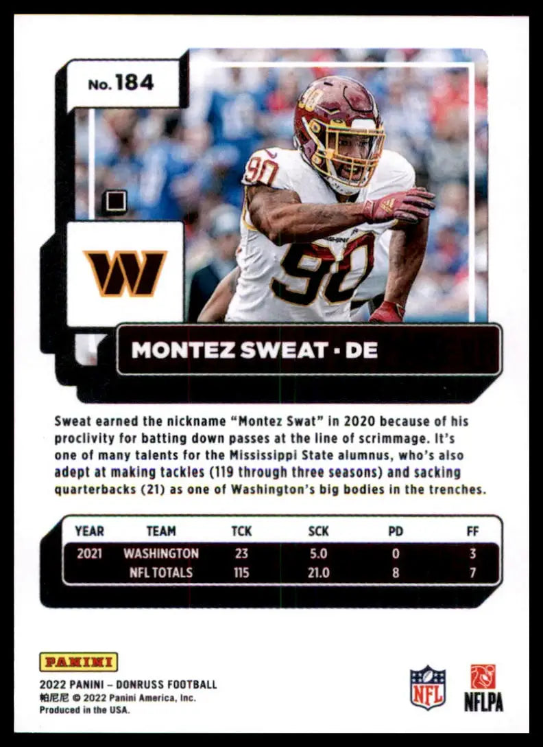 Montez Sweat football card from 2022 Donruss Washington Commanders series