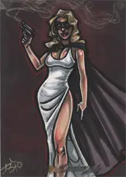 Stylized illustration of a woman in a white dress on Amber Shelton sketch card