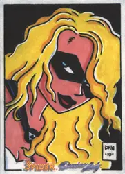 Stylized pop art portrait with yellow hair on Moonstone Domino sketch card by Dave Windett