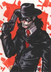 Sinister man in black hat with gun on Moonstone Domino Lady sketch card by Fer Galicia