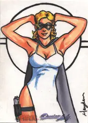 Stylized illustration of a blonde woman in a white swimsuit on Hayden Davis sketch card