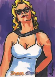 Stylized sketch card of a blonde woman by Hayden Davis against a purple background