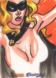Stylized superhero with black mask and blonde hair on Moonstone Domino Lady sketch card