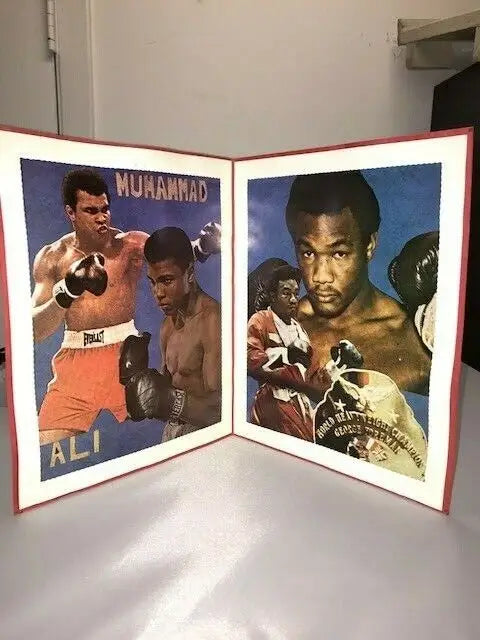 Framed boxing legends collage featuring Muhammad Ali and George Foreman photo set