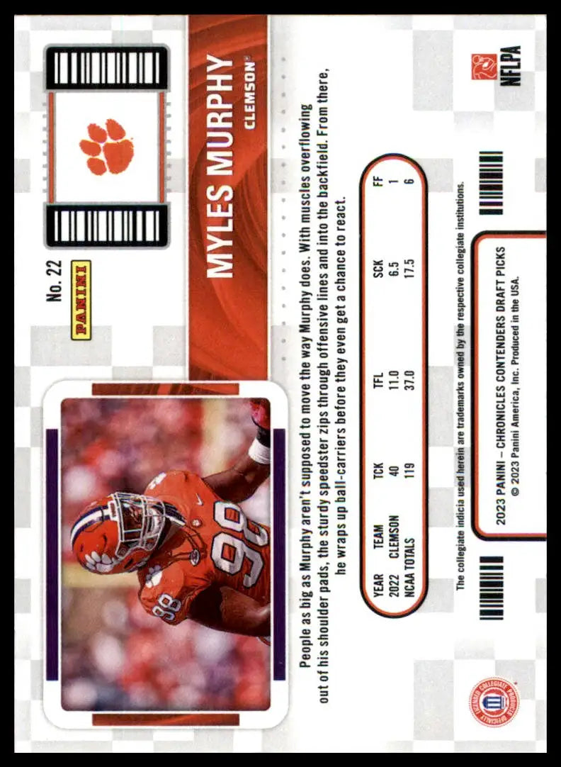 Football trading card of Myles Murphy from Panini Chronicles Draft Contenders College Ticket