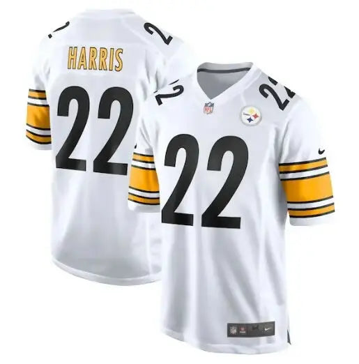 White Pittsburgh Steelers Najee Harris Nike Game Jersey with black and gold Harris 22 lettering
