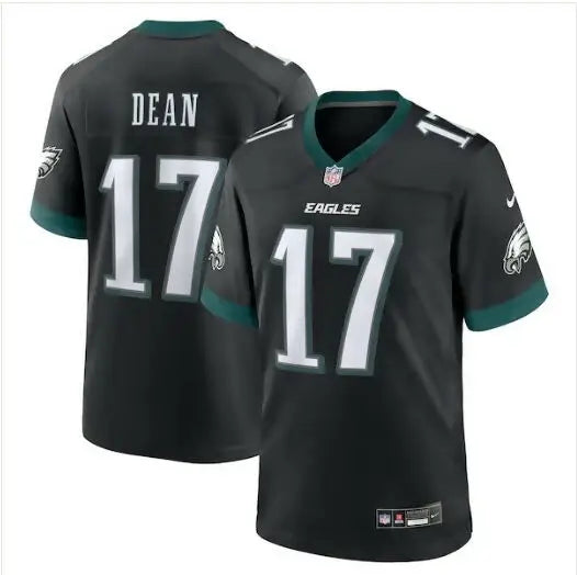 Black Philadelphia Eagles Nakobe Dean jersey with 17 on front and back for sale