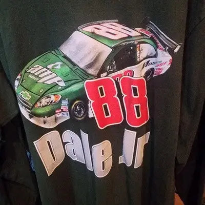 Dark green long-sleeve shirt with Dale Earnhardt Jr Amp Energy Drink NASCAR race car graphic