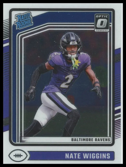 Nate Wiggins rookie football trading card in Baltimore Ravens Donruss Optic series