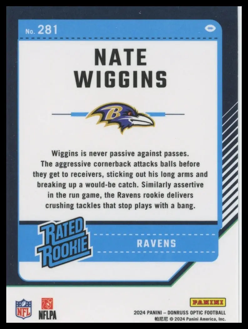Nate Wiggins Donruss Optic rookie card featuring Baltimore Ravens logo and Rated Rookie emblem