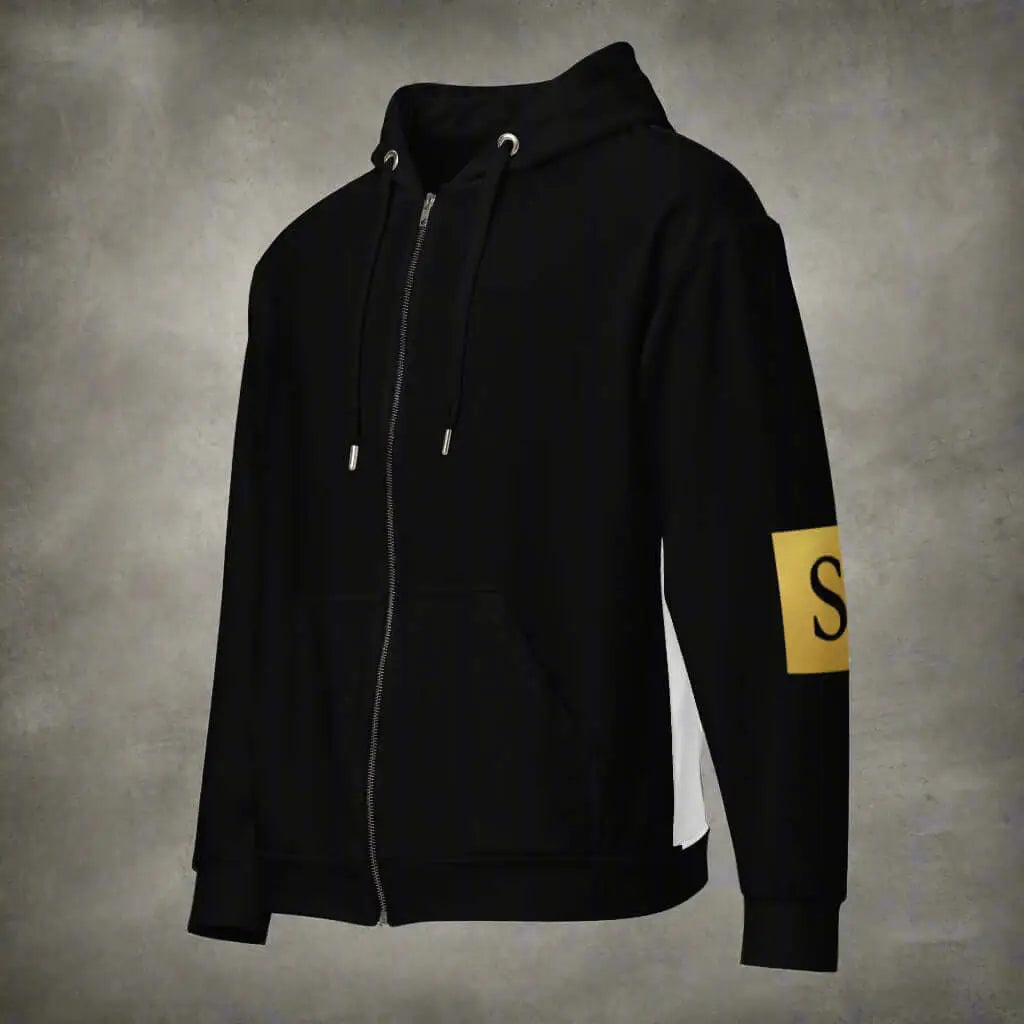 Black Egypt unisex zip hoodie with yellow S patch, stylish and comfortable product safety
