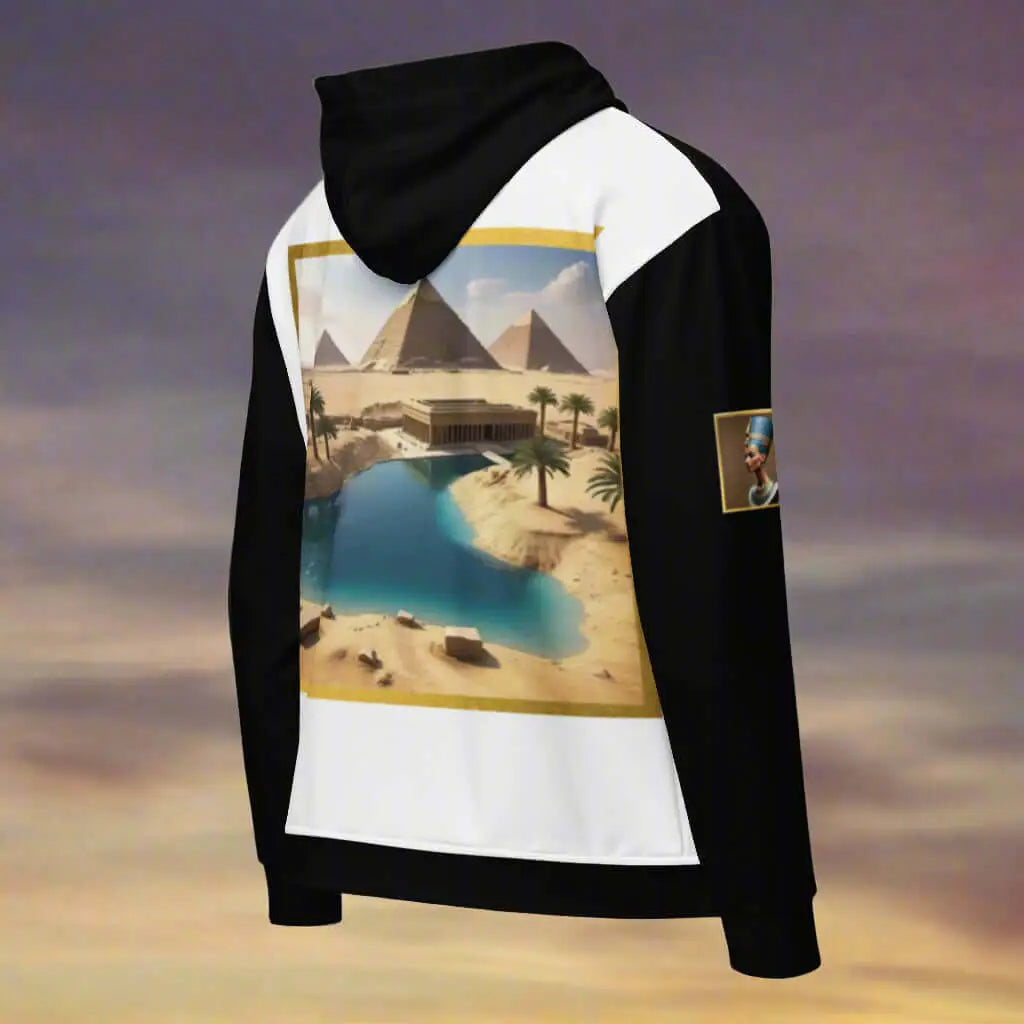 Black and white Egypt unisex zip hoodie with desert scene and Nefertiti patch