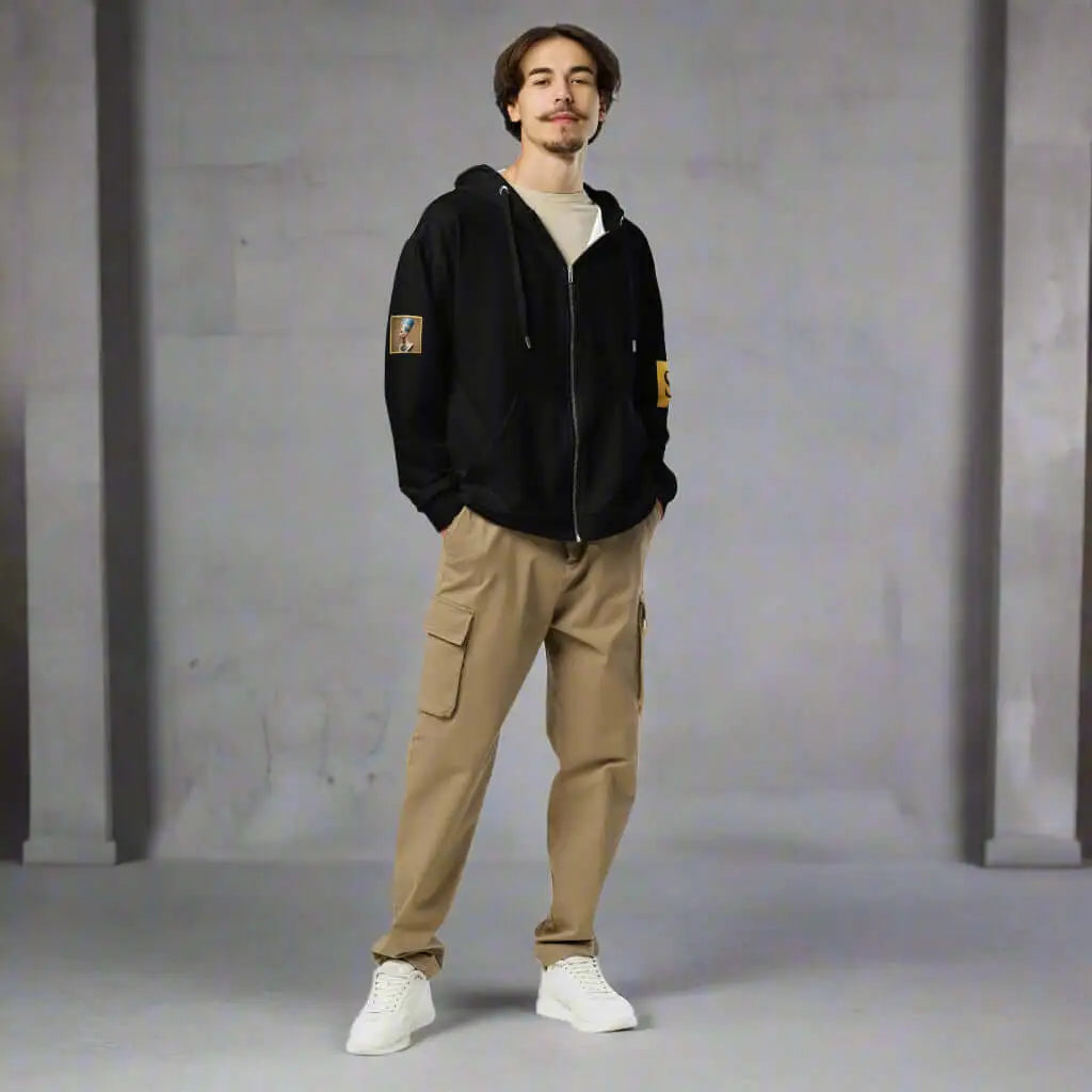 Man wearing Egypt Unisex Zip hoodie with graphic artwork, black zip-up hoodie, khaki cargo pants, white sneakers