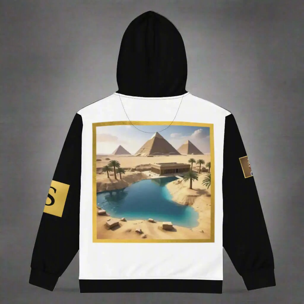 Black and white Egypt unisex zip hoodie with desert oasis and pyramid graphic design