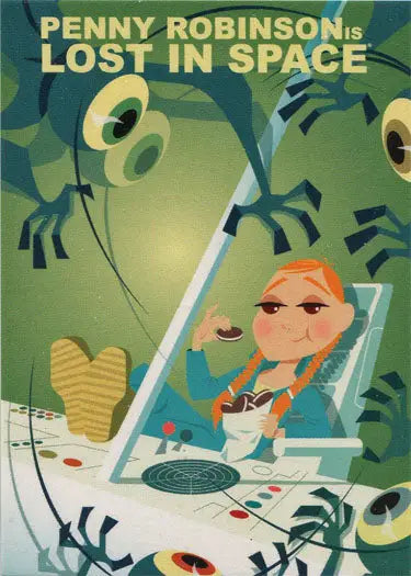 Stylized retro poster of Penny Robinson in space from Juan Ortiz Character Card
